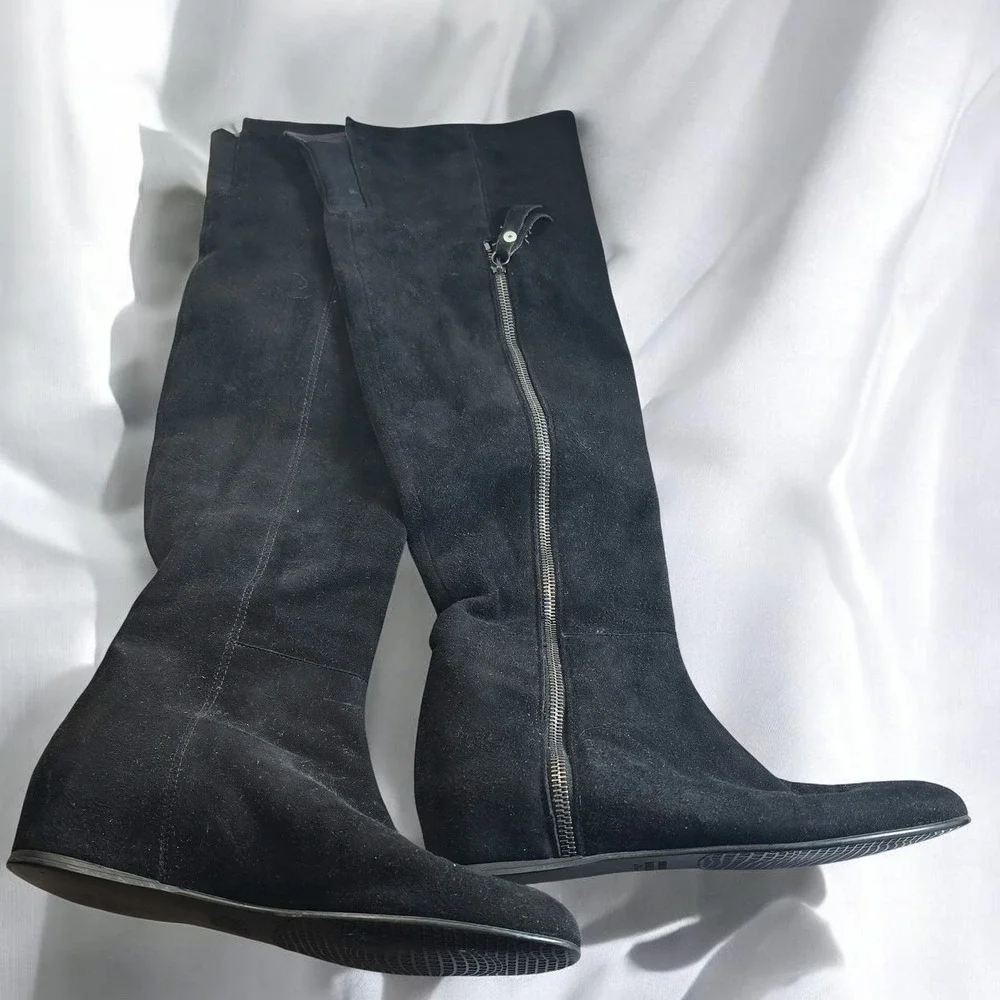 Stuart Weitzman‎ Black Suede Over the Knee Flat Boots Womens 6.5 M Made in Spain